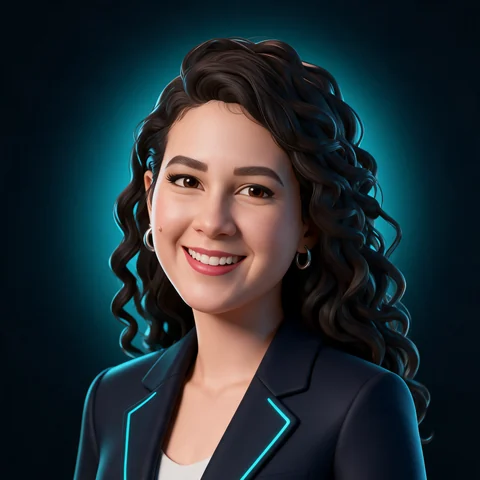 Avatar da Zaia, a assistente comercial de IA da Potenzia: ilustração de uma mulher de cabelo escuro cacheado, sorrindo, de blazer azul-marinho.